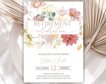 Editable Watercolor Flowers Retirement Invitation, Wildflower Retirement Party Invitation Template, Instant Download, Digital, 29RI