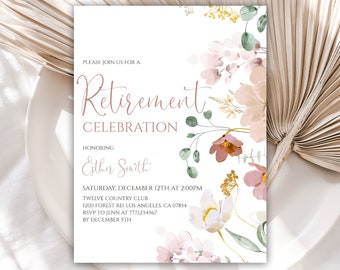 Printable Watercolor Flowers Retirement Invitation, Wildflower Retirement Party Invitations, Instant Download, Editable Template, 26RI