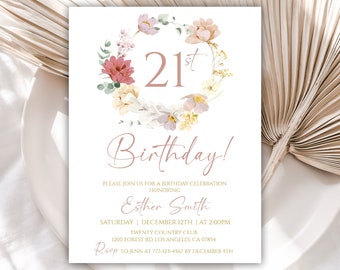 Custom 21st birthday Invitation, Wildflower Birthday Invitation, Customized Floral Birthday Invitation for Women, 90BI