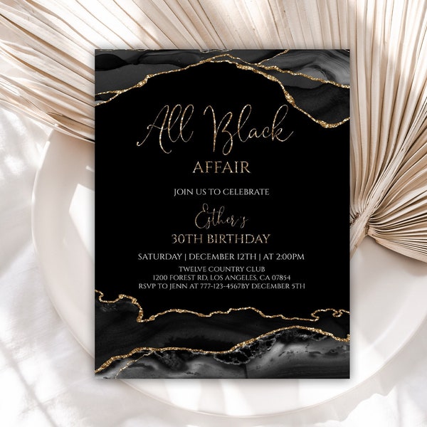 All Black Party Einladung, All Black Affair Einladung, 30. Geburtstag Einladung, Achat Einladung, Schwarz und Gold Geburtstag Einladung, 20BI