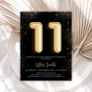 11th Birthday Invitation, Editable Birthday Invitations, Teen Birthday Invitation, Black and Gold Birthday Invite, Instant Download, Digital