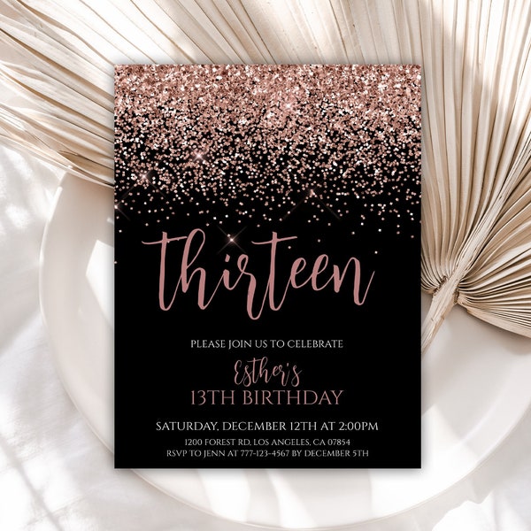 13th Birthday Invitation, Birthday Invitations, Rose Gold Glitter Confetti Birthday Invite, Editable Template, Instant Download, 37BI