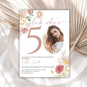 Editable 50th birthday Invitation, Wildflower Birthday Invitation for Women, Floral Birthday Invitation with Photo, 94BI
