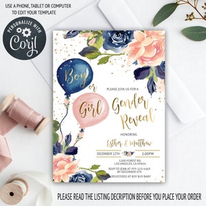 Bearbeitbare Floral Gender Reveal Einladungsvorlage, Blush Gold, Ballon, Blau Pink, Printable, Junge oder Mädchen, Er oder Sie, Sofort Download, gr02