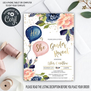Bearbeitbare Floral Gender Reveal Einladungsvorlage, Blush Gold, Ballon, Blau Pink, Printable, Er oder Sie, digitaler Download, gr02