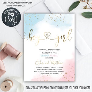 Pink Blue Gender Reveal Invitation Template, Boy or Girl, He or She, Gold Baby Confetti, Instant Download, Printable Invitation, gr01