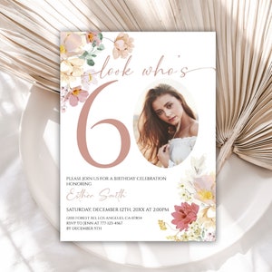 Editable 60th birthday Invitation, Wildflower Birthday Invitation for Women, Floral Birthday Invitation with Photo, 94BI
