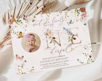 Girl 1st Birthday Invitation Wildflower Boho Editable Instant Download 32BB