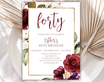 40th Birthday Invitation, Birthday Party Invitations, Burgundy Flower Birthday Invite, Red Rose, Editable Template, Instant Download, 61BI