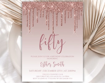 50th Birthday Invitation for Women, Rose Gold Birthday Invitations, Birthday Invite for Her, Editable Template, Instant Download, 26BI