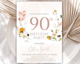 90th Birthday Invitation Template, Birthday Invitations for Women, Flower Birthday Invitation for Her, Editable Birthday Invite, 13BI