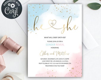 Pink Watercolor Gender Reveal Invitation Template, Boy or Girl, He or She, Blue and Pink, Gold Baby Confetti, Digital Download, gr01