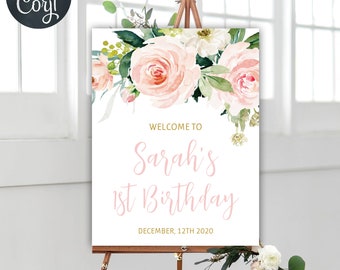 Floral birthday welcome sign printable birthday welcome sign girl birthday welcome poster 1st birthday welcome sign 1b