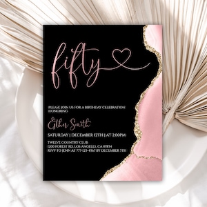 Printable Birthday Invitation, Pink Black 50th Birthday Invite, Agate Party Invitations, Digital Download, Editable Template, 71BI