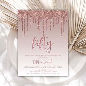 50th Birthday Invitation for Women, Rose Gold Birthday Invitations, Birthday Invite for Her, Editable Template, Instant Download, 26BI