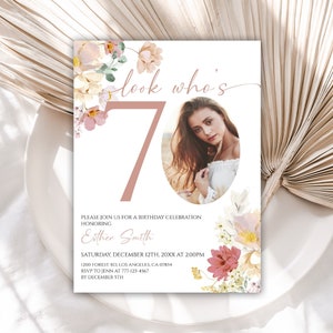 Editable 70th birthday Invitation, Wildflower Birthday Invitation for Women, Floral Birthday Invitation with Photo, 94BI
