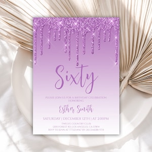 60th Birthday Invitation, Birthday Invitations, Purple Glitter Drip Birthday Invite, Editable Template, Instant Download, Printable, 33BI