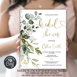 Editable Bridal Shower Invitation Template, Printable Bridal Shower Invitation, Eucalyptus Shower, Greenery & Gold, Instant Download, 09b