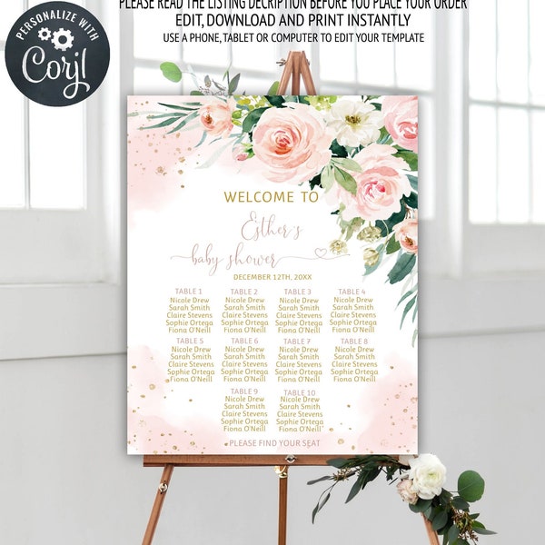 Blush Pink Floral Baby Shower Seating Chart Template, Printable Seating Chart Sign, Seating Plan Sign, Table Seating Plan, B10B