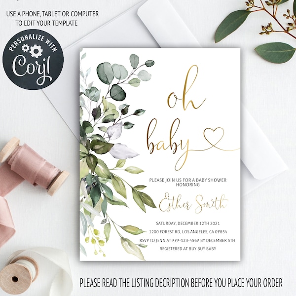 Oh Baby Shower Invitation, Greenery Baby Shower Invite, Printable Baby Shower Invitation, Eucalyptus Shower, Green and Gold, 5B