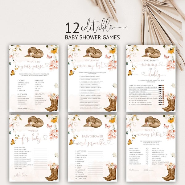 Editable Cowgirl Boots Baby Shower Games Printable, Western Baby Shower Games Bundle, Baby Shower Bingo, Wishes for Baby, Cowboy, 29BB