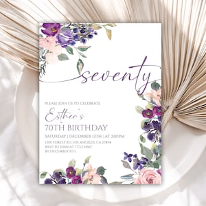 Editable 70th birthday Invitation, Purple Floral Birthday Invitation for Women, Lavender Flower Birthday Invitation, 110BI