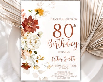 80th Birthday Invitation for Women, Boho Birthday Invitations for Her, Flower Birthday Invite, Instant Download, Editable, Floral, 17BI