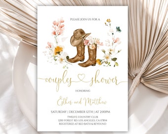 Couples Shower Invitation, Cowgirl Boots Bridal Shower Invite, Wildflower Wedding Shower, Boho Cowboy Boots, Instant Download, Digital, 66BS
