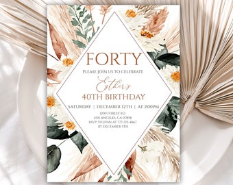 40th Birthday Invitation Template, Birthday Invitations, Boho Birthday Invite, Dried Flowers, Instant Download, Editable, 66BI