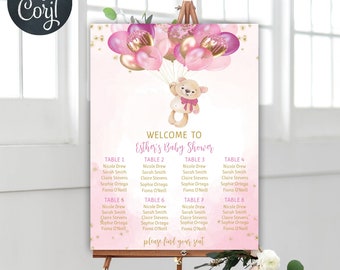 EDITABLE Teddy Bear Baby Shower Seating Chart Template, Bear Themed Baby Shower Seating Chart, Bear with Balloons, Instant Download, 7B