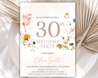 30th Birthday Invitation Template, Birthday Invitations for Women, Flower Birthday Invitation for Her, Editable Birthday Invite, 13BI