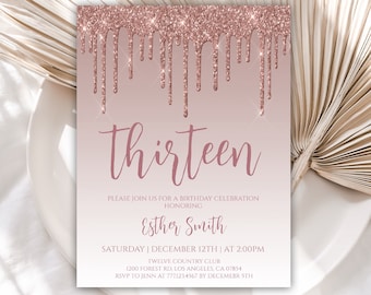 13th Birthday Invitation, Rose Gold Birthday Invitations, Teen Birthday Invite, Editable Template, Instant Download, Printable, Girl, 26BI