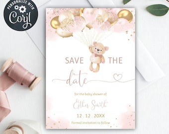 Teddy Bear Save The Date Template, Bear With Balloons Baby Shower Save The Date, Digital Download, Printable, Editable, B14B