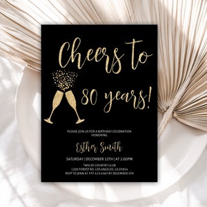 80th Birthday Invitation, Black and Gold Glitter Birthday Party Invitations, Cheers to 80 Years, Editable Template, Instant Download, 55BI imagem 1