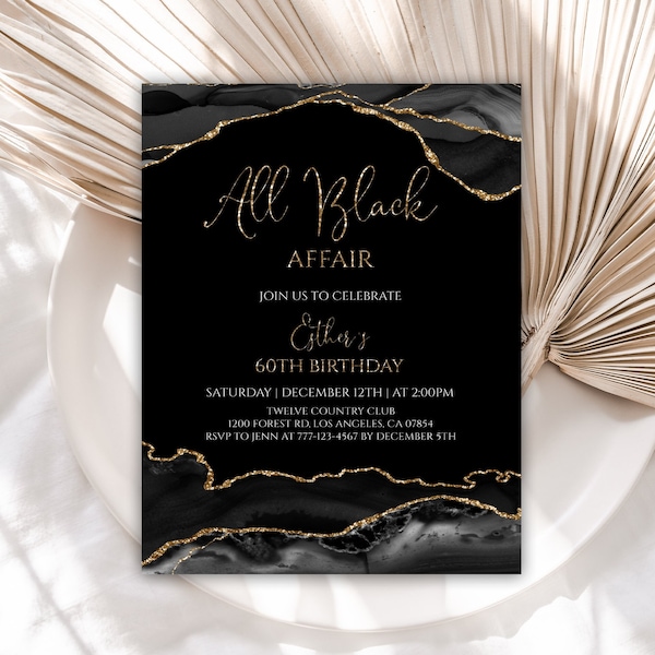 All Black Party Einladung, All Black Affair Einladung, 60. Geburtstag Einladung, Achat Einladung, Schwarz und Gold Geburtstag Einladung, 20BI