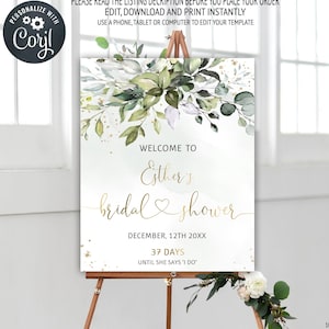 Greenery Welcome Sign, Eucalyptus Bridal Shower Welcome Poster, Wedding Countdown, Days Until She Says I Do, Printable Download, 10BS