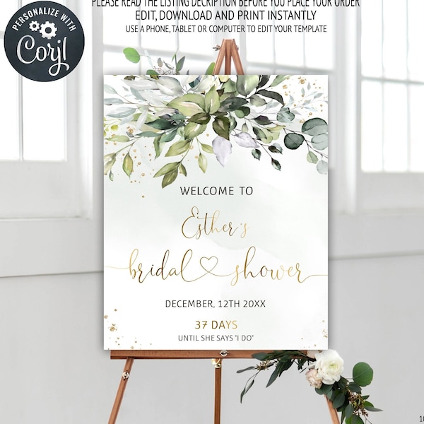 Greenery Welcome Sign, Eucalyptus Bridal Shower Welcome Poster, Wedding Countdown, Days Until She Says I Do, Printable Download, 10BS