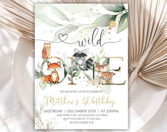 Woodland Wild One First Birthday Invitation Template, Woodland Animals 1st Birthday Invite, Greenery, Forest, Instant Download, 16BB