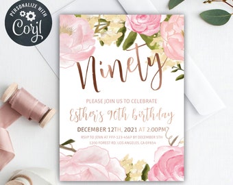 90th birthday for her invitations, 90th birthday invitation female, adult birthday invitation, birthday invitations for women, floral invite