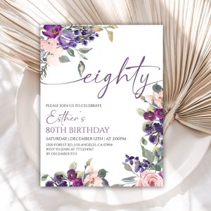 Editable 80th birthday Invitation, Purple Floral Birthday Invitation for Women, Lavender Flower Birthday Invitation, 110BI
