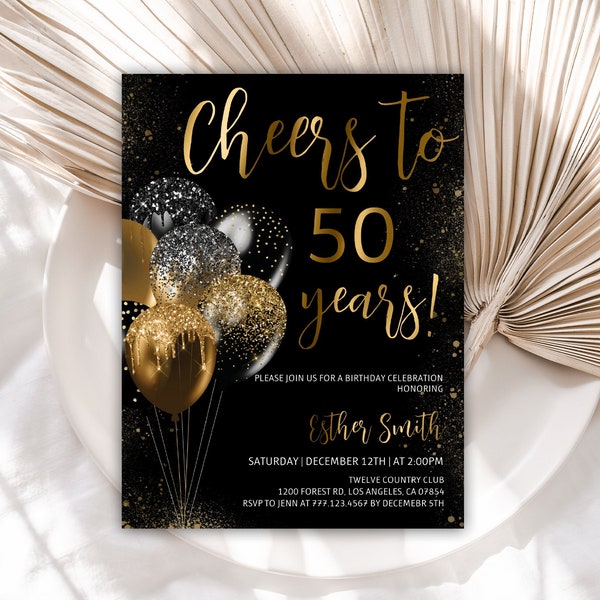 50th Birthday Invitation, Birthday Invitations, Black and Gold Glitter Balloons Birthday Invite, Cheers to 50 Years, Editable Template, 53