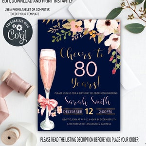 80th birthday invitation for women adult birthday invitations floral invitation cheers to 80 years