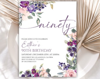 Editable 90th birthday Invitation, Purple Floral Birthday Invitation for Women, Lavender Flower Birthday Invitation, 110BI