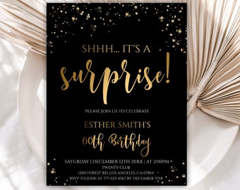 Editable Surprise Birthday Invitation Template, Black and Gold Birthday Invite, Digital Invitation, Instant Download, 88BI