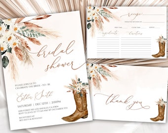 Editable Boho Bridal Shower Invitation Set, Cowgirl Boots Bridal Shower Invite, Thank You Cards, Recipe Cards, Brunch, Cowboy, 65BS