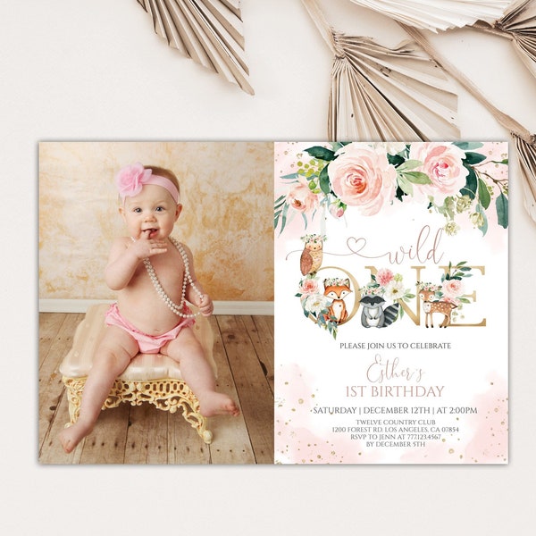 Woodland Wild One 1st Birthday Invitation Girl, Woodland Animals First Birthday Invite with Photo, Instant Download, Editable Template, 50BB