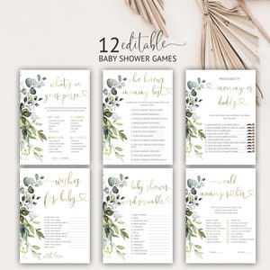Editable Greenery Baby Shower Games Printable, Eucalyptus Baby Shower Games Bundle, Instant Download, 5BB