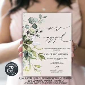 Engagement Party Invitation Template, Greenery Engagement Invite, Eucalyptus Printable Invitation, Editable, 09