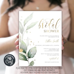 Boho Bridal Shower Invitation Template, Greenery & Gold Bridal Shower Download, Printable Bridal Shower Invite, Editable, 16BSG