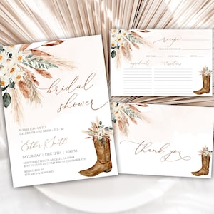 Editable Boho Bridal Shower Invitation Set, Cowgirl Boots Bridal Shower Invite, Thank You Cards, Recipe Cards, Brunch, Cowboy, 65BS